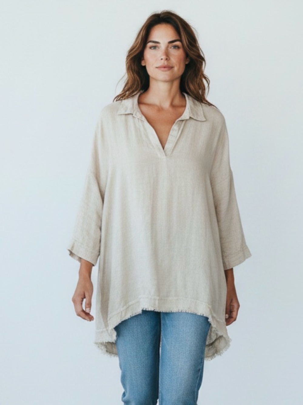 Linen and cotton blend Relaxed Collared V-Neck Tunic Top in Beige size XL